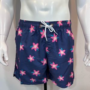 COPY - BONDI BEAMERS, LARGE, NAVY BASE COLOR WITH HAWAIIAN FLOWERS BATHING SUIT…